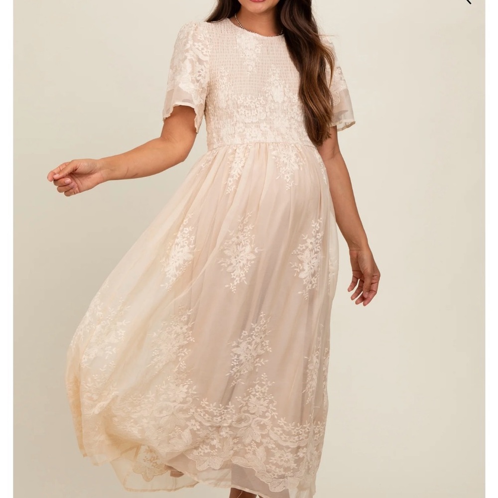 Cream Lace Smocked Maternity Midi Dress